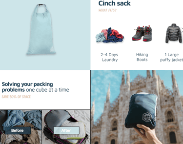 Comparison of a messy suitcase versus an organized suitcase using packing cubes, showcasing the tran