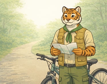 An adult anthropomorphic tiger scout leader standing with a bicycle and holding a folded map at a tr
