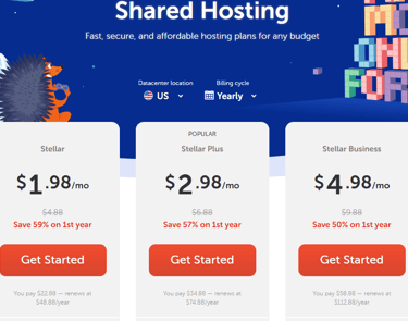 The Namecheap shared hosting page, showing the affordable Stellar plans perfect for beginners.