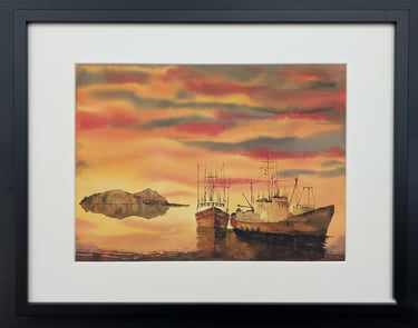 watercolour painting of boats and the Great Blasket island, off the coast of Kerry, west of Ireland.