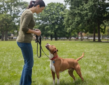 Agression modification for dogs lady in a park with a dog