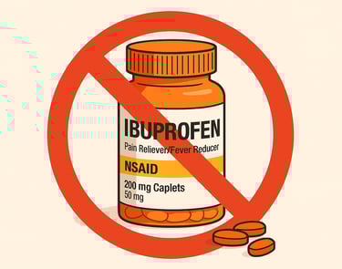 Ibuprofen bottle with a red circle and slash symbol, representing a warning not to take it.