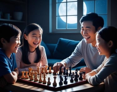 bố mẹ con cái chơi cờ vua cười vui trong giờ trái đất 