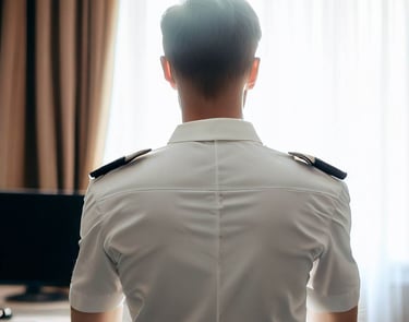 A pilot / aircrew seen from behind in a hotel room