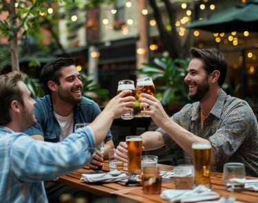 A group of friends laughing while holding glasses of beer, illustrating the Golden Moments Effect.