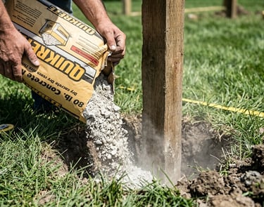 Worker pouring dry Quikrete concrete mix into a post hole to secure a wooden fence pillar.