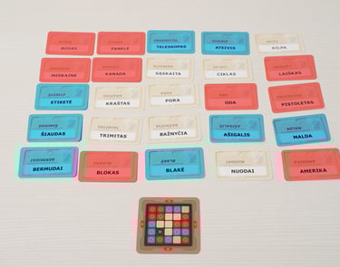 Ant stalo sudėtos Codenames žaidimo kortos