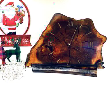 Edged wooden slab clock for table or shelf.