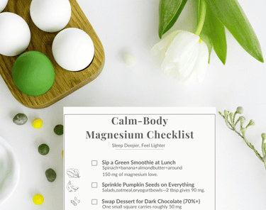 Calm-body magnesium checklist mock-up with soft floral background, featuring white flowers, green fl