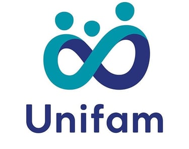 Unifam logo featuring a blue infinity symbol with abstract family figures and bold blue text.