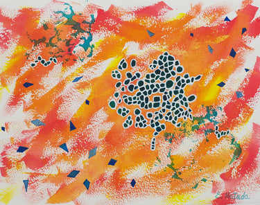 Abstract painting with dancing cells and triangles