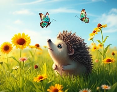 a hedgehog sitting in the grass with butterflies