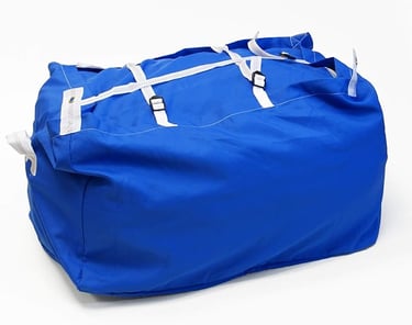 a blue duffel bag with a white background