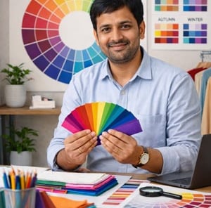 Professional color consultant holding a vibrant palette fan in front of a seasonal color analysis chart.