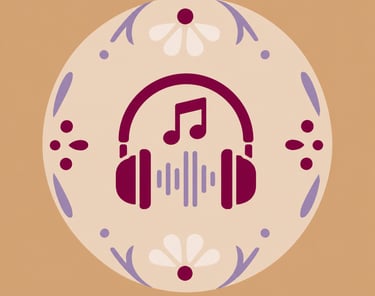 Musical headphones icon with sound waves and floral patterns in a decorative circle.
