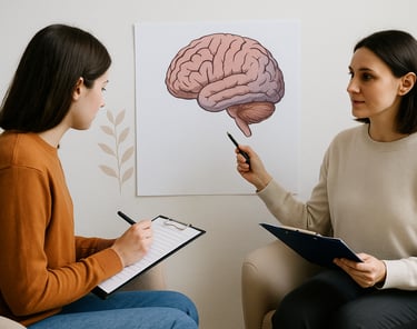 Psicóloga aplicando teste de atenção durante avaliação neuropsicológica