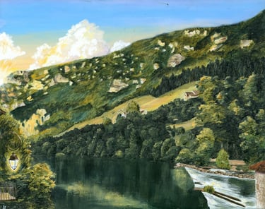 a painting of a mountain scene with a river and a latern