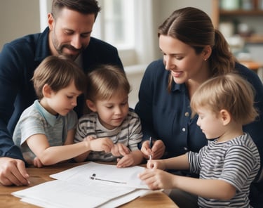 A smiling family with three young children sitting at a table together reviewing paperwork and drawing.