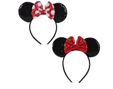 Two pairs of black sequin mouse ears headbands with red polka dot and solid red bows. $9.95