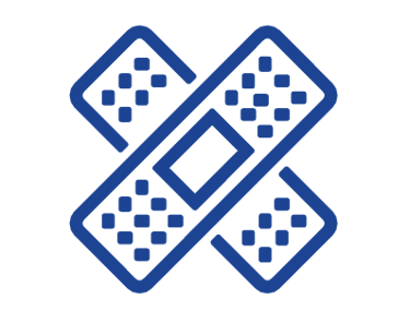 A blue outline icon of two adhesive bandages crossed in an X shape for first aid and wound care.