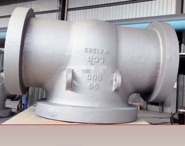 Industrial large diameter LCB 600 flanged tee valve casting for oil and gas pipeline infrastructure.