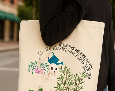 Woman carrying Miss Chatty Plants tote with skeleton watering plants design while walking downtown