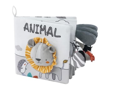 Livre en tissu coloré avec textures et sons, adapté aux bébés de 3 à 6 mois, favorise l’éveil
