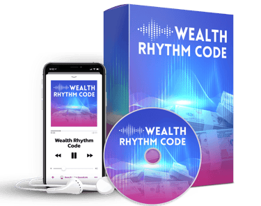 Wealth Rhythm Code manifestation program with digital audio on a smartphone and physical CD.