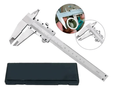 Precision stainless steel vernier caliper tool with case for accurate metric measurements.