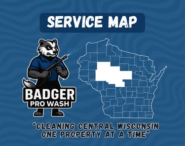 Badger Pro Wash's Service Map showing the areas of Eau Claire, Chippewa, Taylor County, Neillsville, Marshfield and Wausua