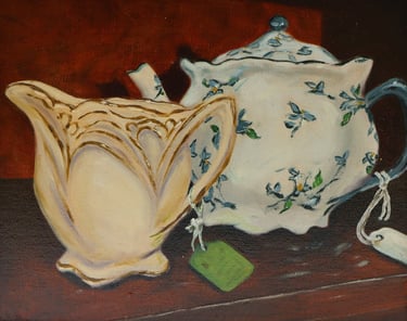 Over tea, they laughed and cried for hours. Oil on linen. 25 x 20 cm. Sold