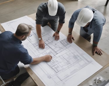 A construction worker reviewing blueprints at a renovation site.