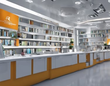a library with a long counter top and a large bookcase