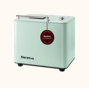 A mint green Neretva toaster with a metal handle, temperature dial
