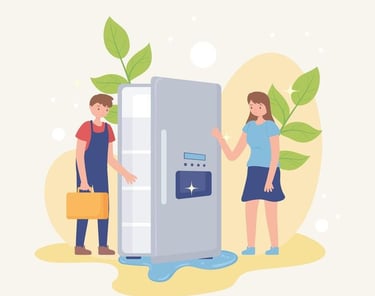 a man and woman standing in front of a refrigerator