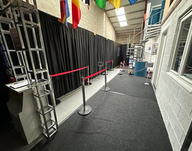 a room with red barriers