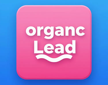 Pink 3D app icon for Organic Lead marketing software against a blue gradient background.