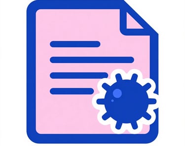 Pink digital document icon with a blue virus or malware symbol for cybersecurity data protection.