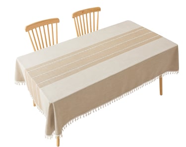 waterproof stainproff table color with light brown line down the middle and tassels on edges