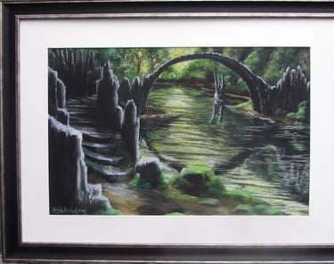 Dare you cross the Devil's Bridge? Drawn in soft pastel on black paper it's as dramatic as the bridge is in Saxony, Germany. 