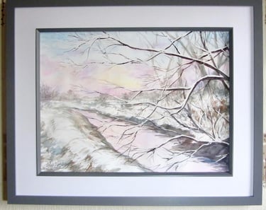 Pale sunrise colours reflected on snow and water; snow-laden tree branches cross river. Watercolours