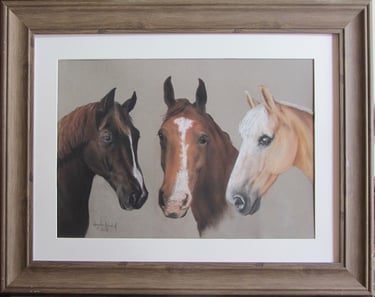 Commissioned triple portrait of lady's first three horses, as a birthday present using owner's photos, drawn in soft pastel