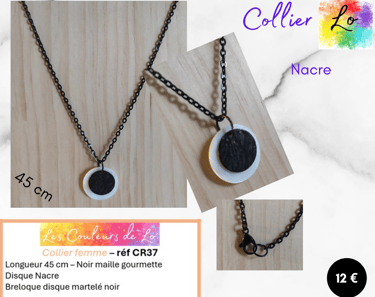 Collier noir disque Nacre disque métal martelé Les Couleurs de Lo