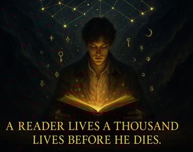 A reader surrounded by books symbolizing living a thousand lives through reading