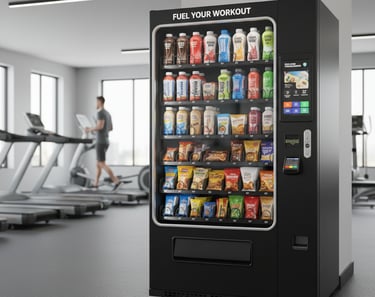 Traditional gym snack vending machine with overpriced low-nutrition products — outdated compared to