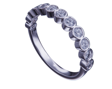Elegant white gold bezel set diamond eternity wedding band for women against a black background.