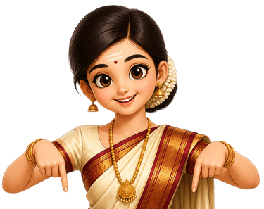 Cartoon illustration of a South Indian girl in a traditional white and gold pattu saree pointing down.