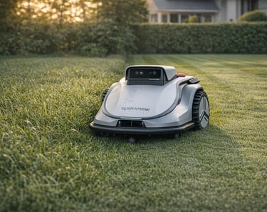 Robot de tuns gazon Terramow fără cablu perimetral tundând gazonul într-o grădină modernă