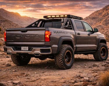 Toyota TRD Hammer traseira em ângulo lateral mostrando picape off-road extrema rival da Raptor