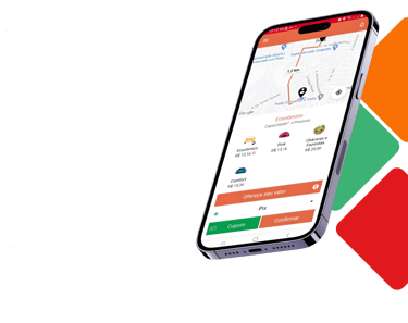 Tela do app APKTEM mostrando mapa de mobilidade urbana e corridas.
